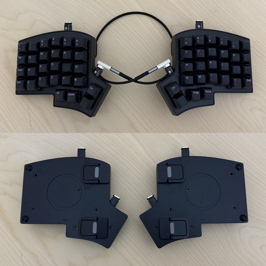 Iris Keyboard Showing Top With DSA Keycaps and Bottom With Tenting Legs