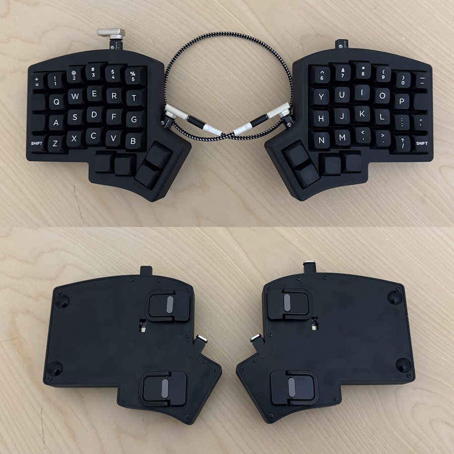 Iris Keyboard Showing Top With MDA Keycaps and Bottom With Tenting Legs